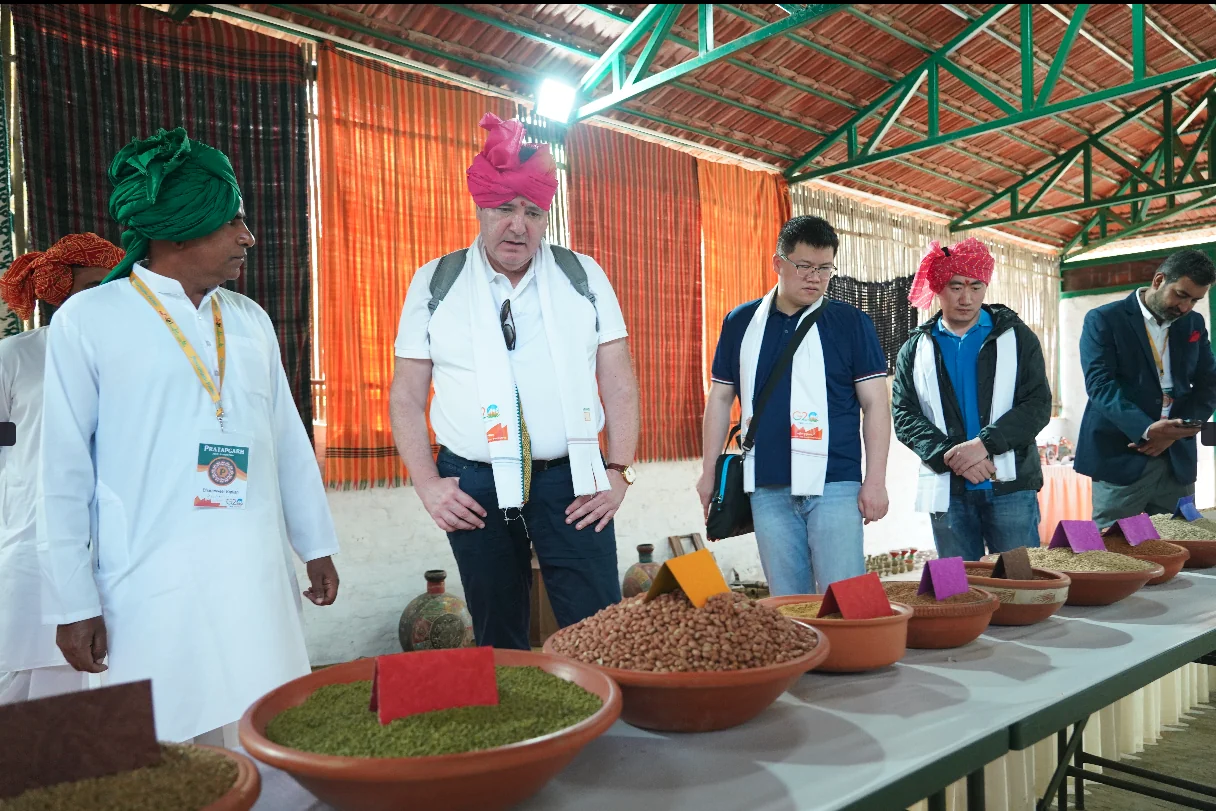 Delegates in pagdis looking at terracotta bowls of bajra, moong, chana and other millets ranged along a table at the farm