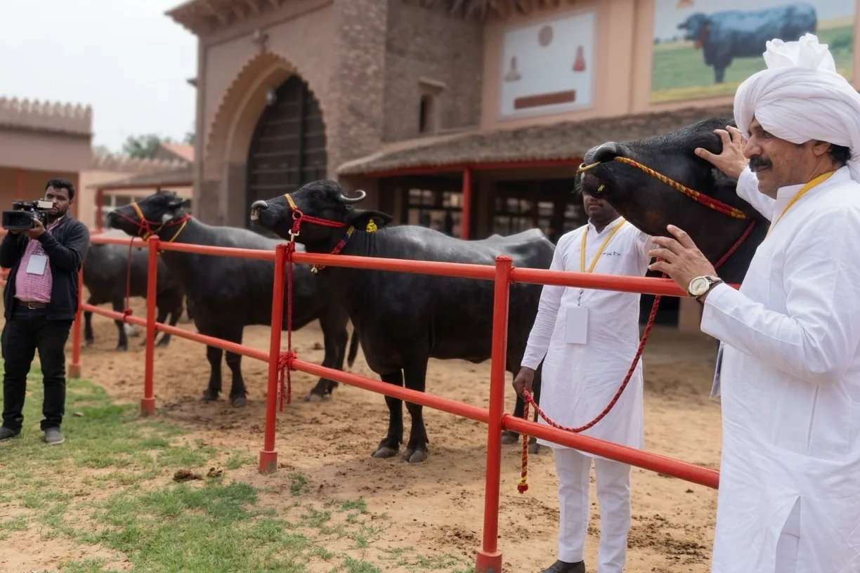 A host in a white pagdi hand-feeding a black Murrah buffalo while a cameraman films, with three more Murrahs standing at the rail behind